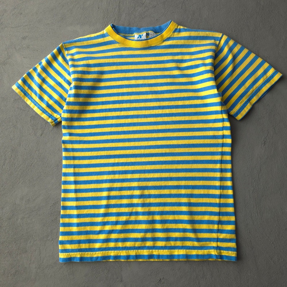 Vintage 90s Nucleus Yellow Blue Striped T-shirt Small Double Ringer Neck